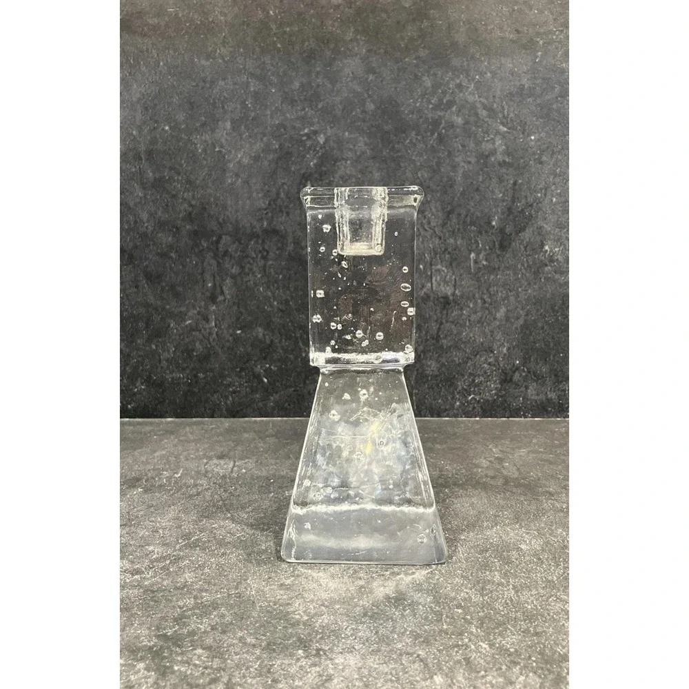 Scandinavian Ice Block Glass Candle Holder Brutalist Bubble Crystal MCM Vintage